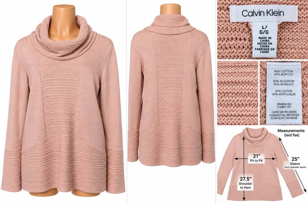 Calvin Klein Women's Blush Pink Cowl Neck Textured Knit Sweater – Size L
